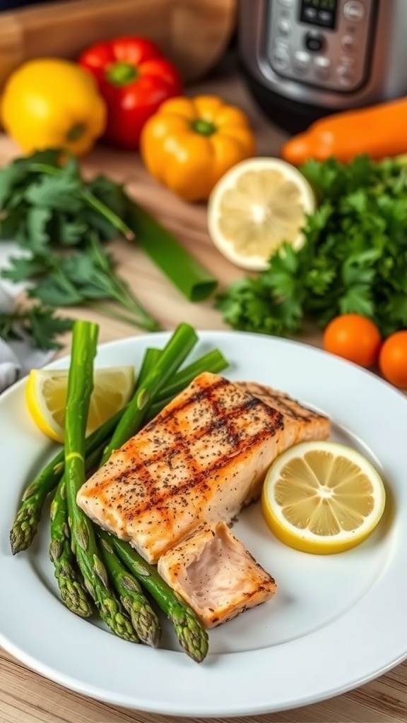 A low-carb meal of grilled salmon with asparagus and lemon on a plate in a kitchen.